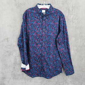 JB Holt Button Down Shirt L Blue Purple Pink Rose Dark Floral Flip Cuff Tailored